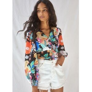 Anthropologie Conditions Apply Tie- Back Blouse Tropical Print